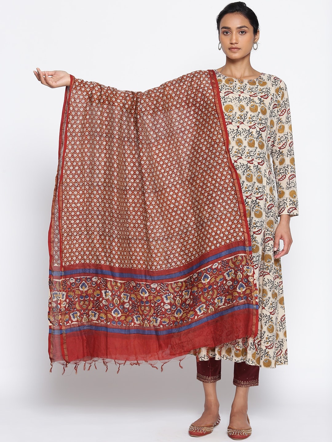 

W The Folksong Collection Printed Pure Cotton Dupatta, Beige