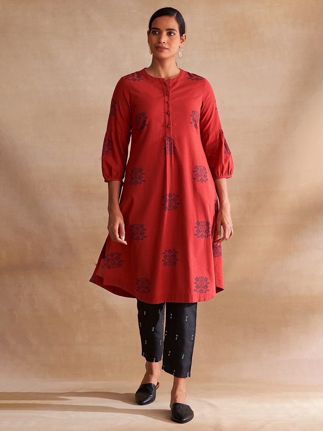 W The Folksong Collection Women Maroon Ethnic Motifs Woven Design Cotton Kurta