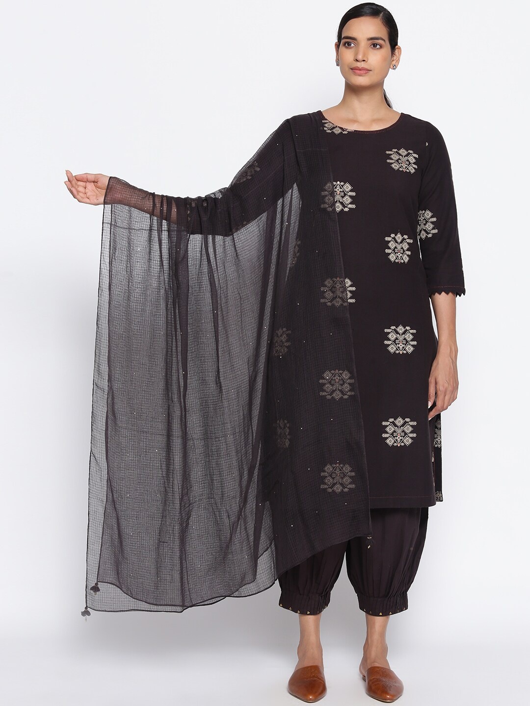 

W The Folksong Collection Checked Pure Cotton Dupatta, Brown