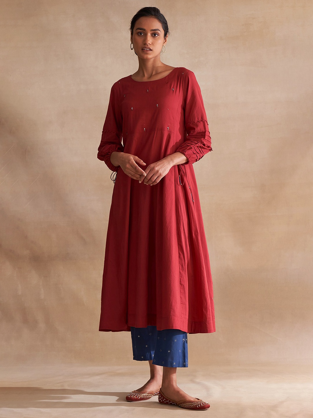 

W The Folksong Collection Women Maroon Anarkali Solid Cotton Kurta