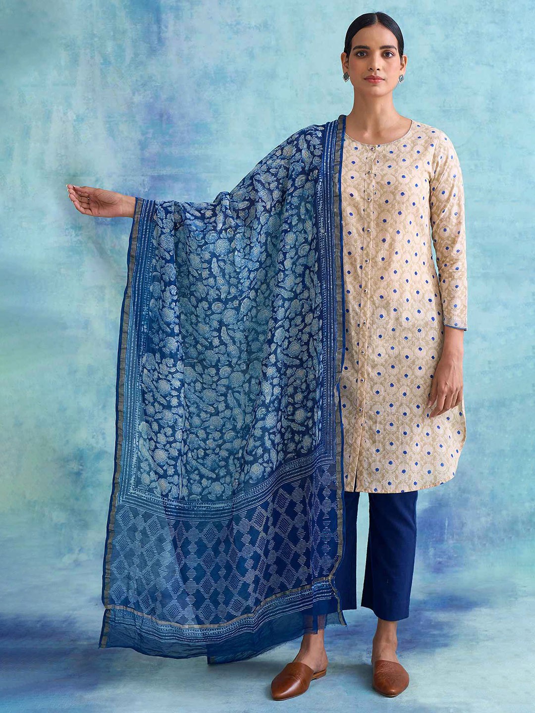 

W The Folksong Collection Printed Pure Cotton Dupatta, Blue