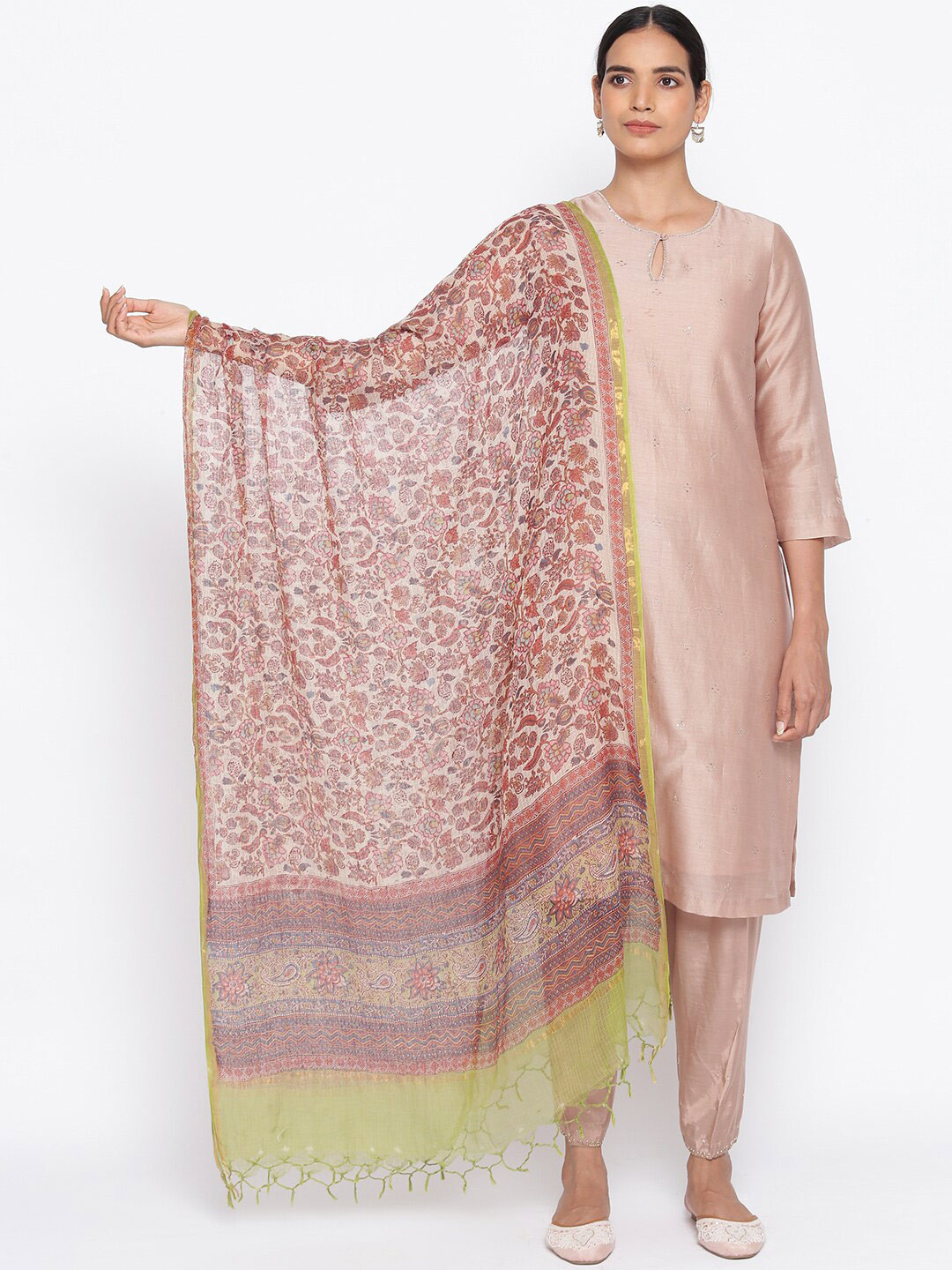 

W The Folksong Collection Printed Pure Cotton Dupatta, Beige