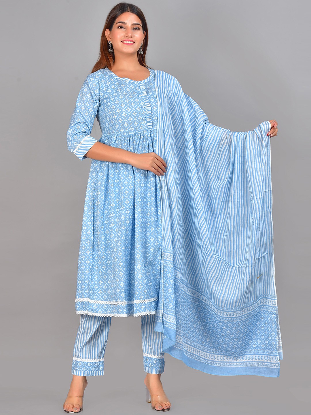 

Senyora Women Blue & White Printed Pure Cotton Kurta with Trousers & With Dupatta