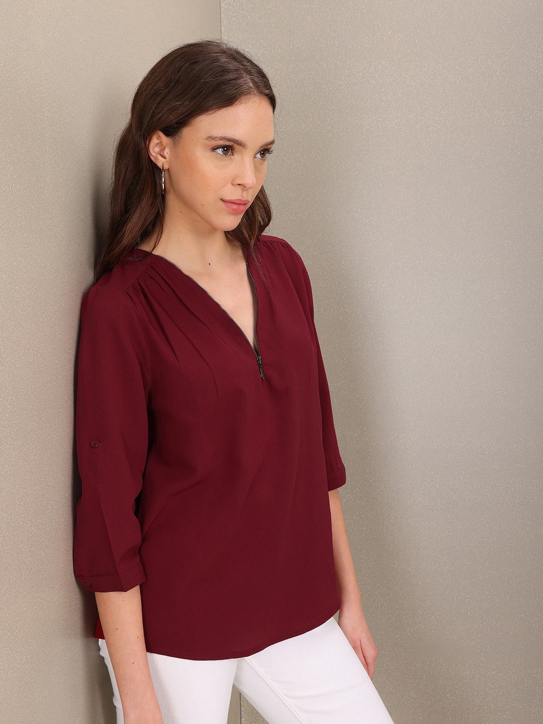 

U S Polo Assn Women Red Roll-Up Sleeves Shirt Style Top