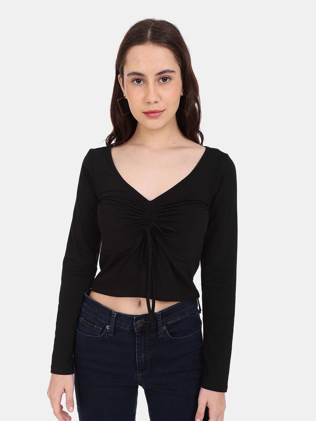 

U S Polo Assn Women Solid V-Neck Crop Top, Black