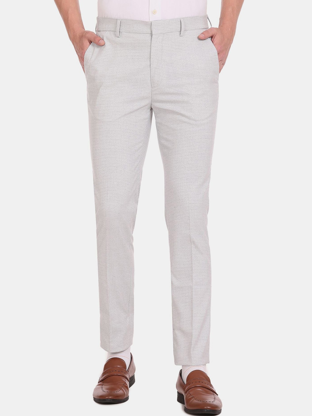 Arrow New York Men Textured Mid Rise Slim Fit Formal Trousers, Grey
