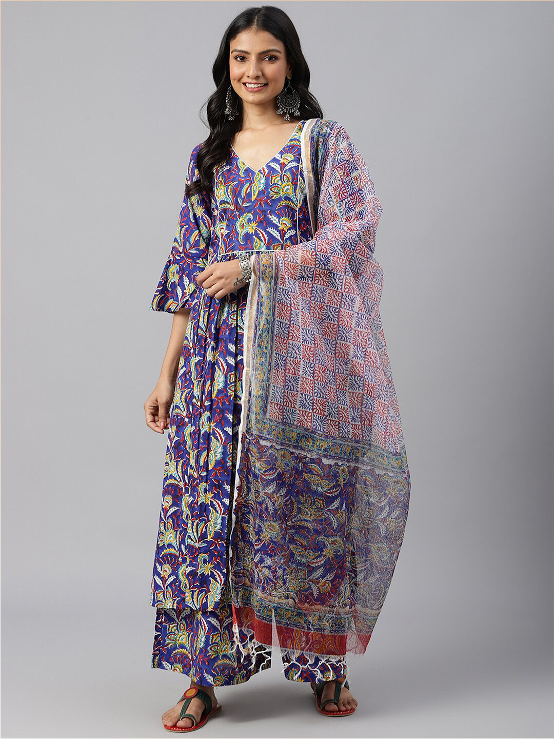 

SHRINKHLA Pure Cotton Printed Tasselled Border Dupatta, Blue