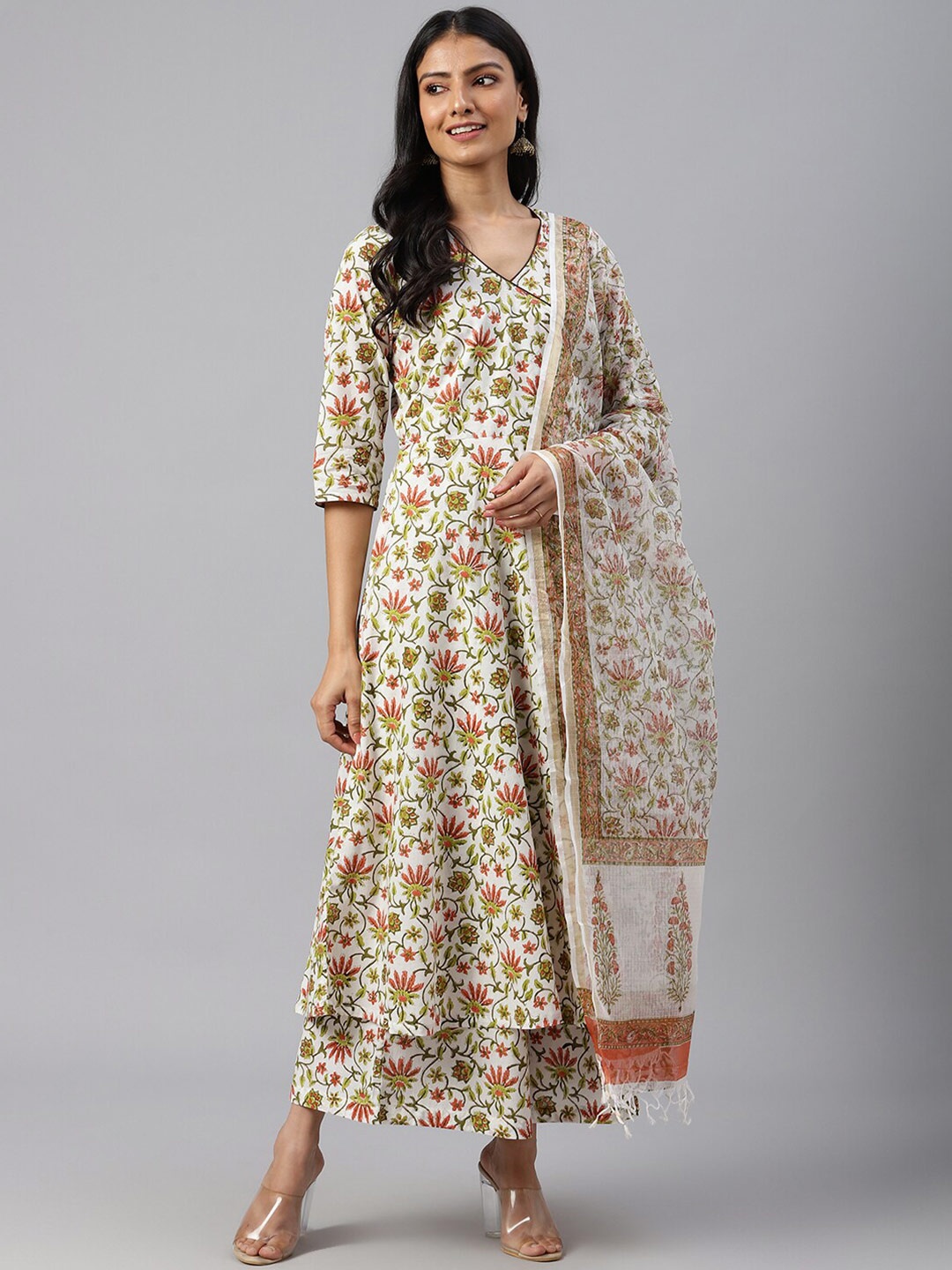 

SHRINKHLA Pure Cotton Printed Tasselled Border Dupatta, White