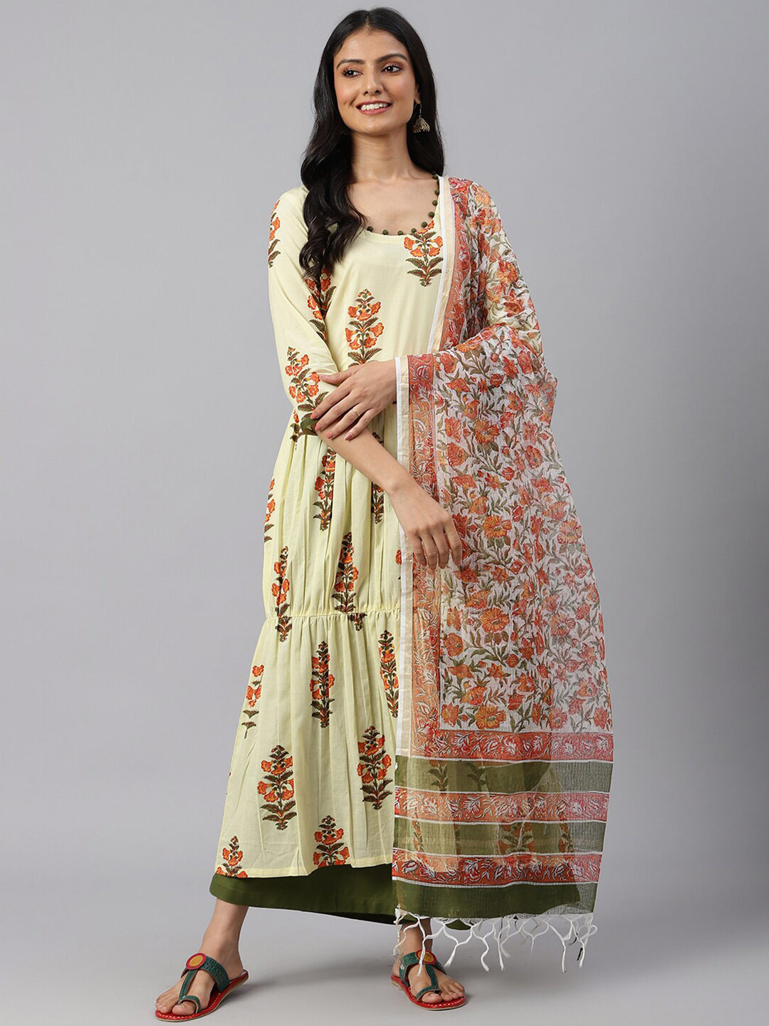 

SHRINKHLA Pure Cotton Printed Tasselled Border Dupatta, Off white