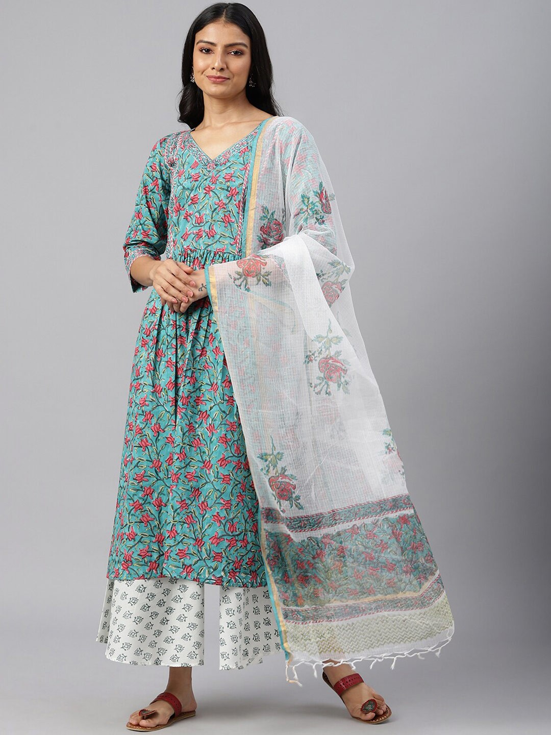 

SHRINKHLA Pure Cotton Printed Tasselled Border Dupatta, White