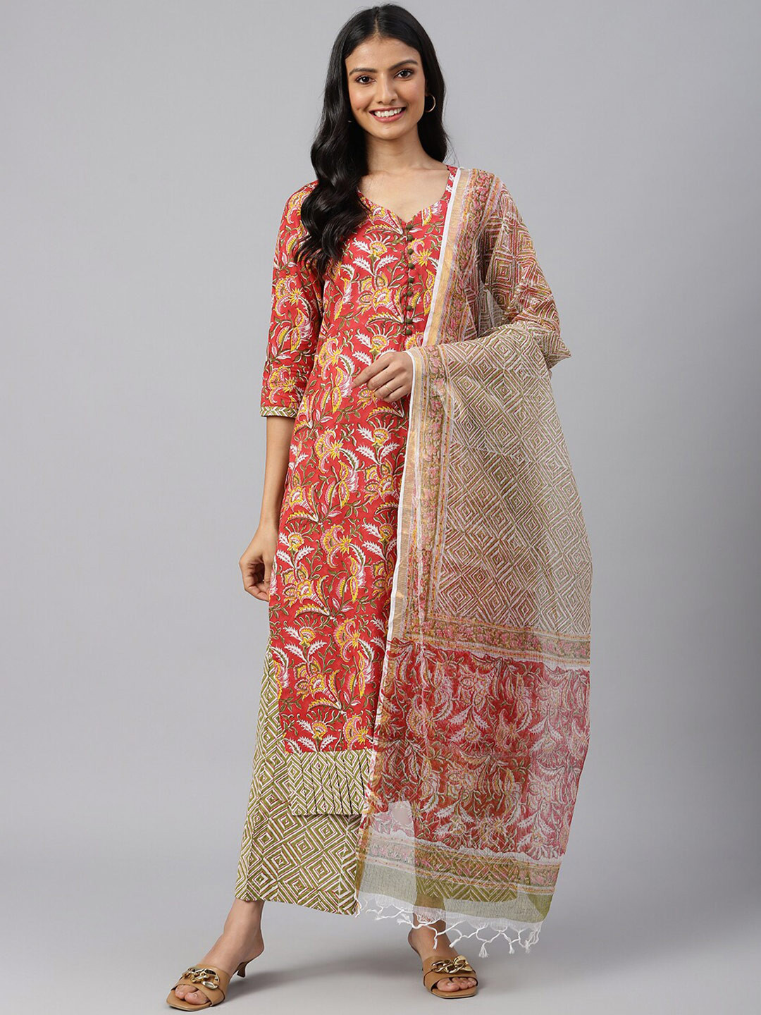 

SHRINKHLA Pure Cotton Printed Tasselled Border Dupatta, Beige