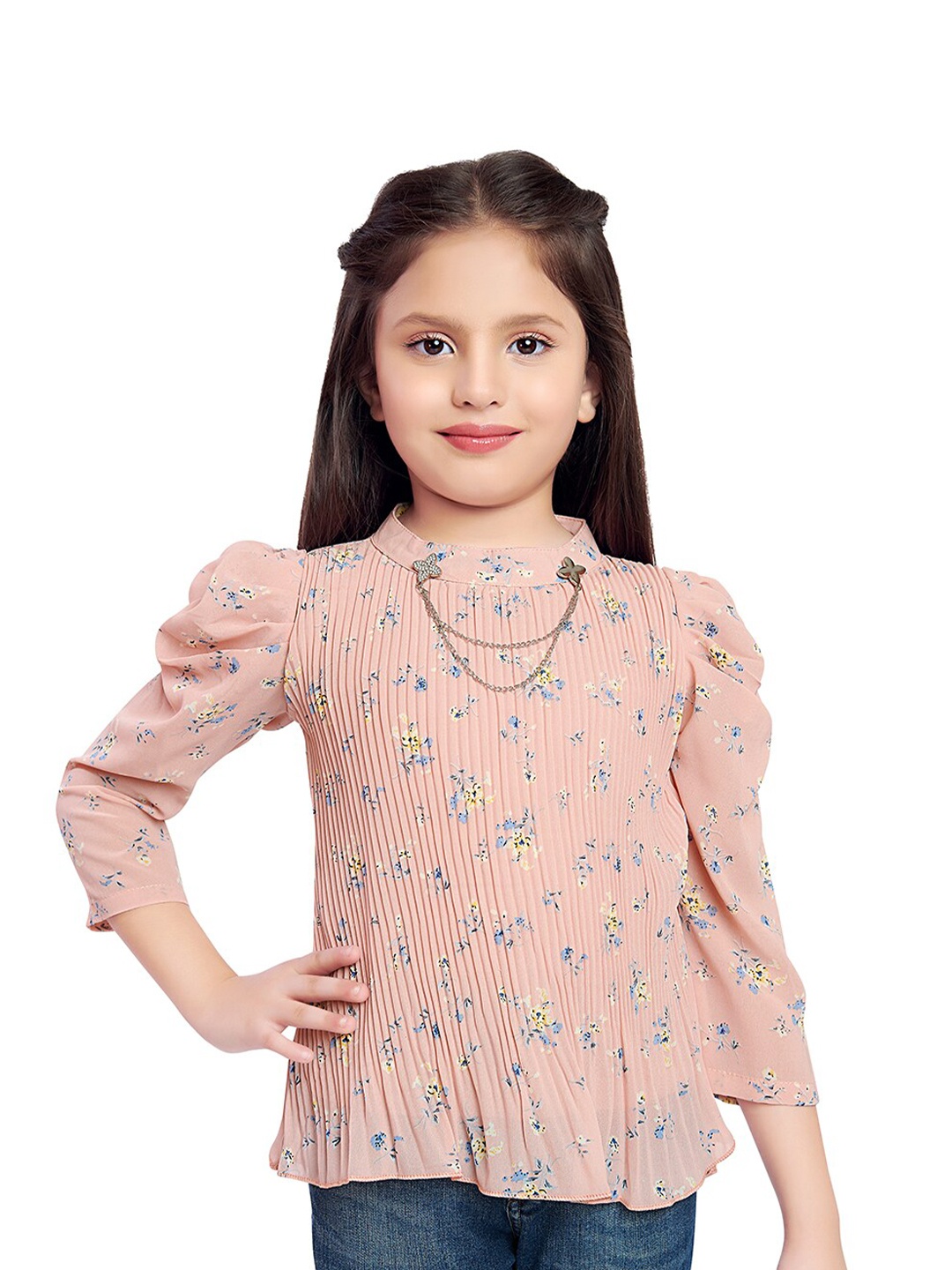 

Tiny Kingdom Girls Floral Printed Puff Sleeves Top, Peach