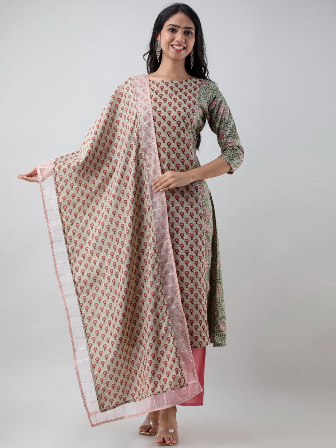 

Sutidora Women Olive Green & Pink Printed Cotton A-Line Kurta with Palazzos & With Dupatta