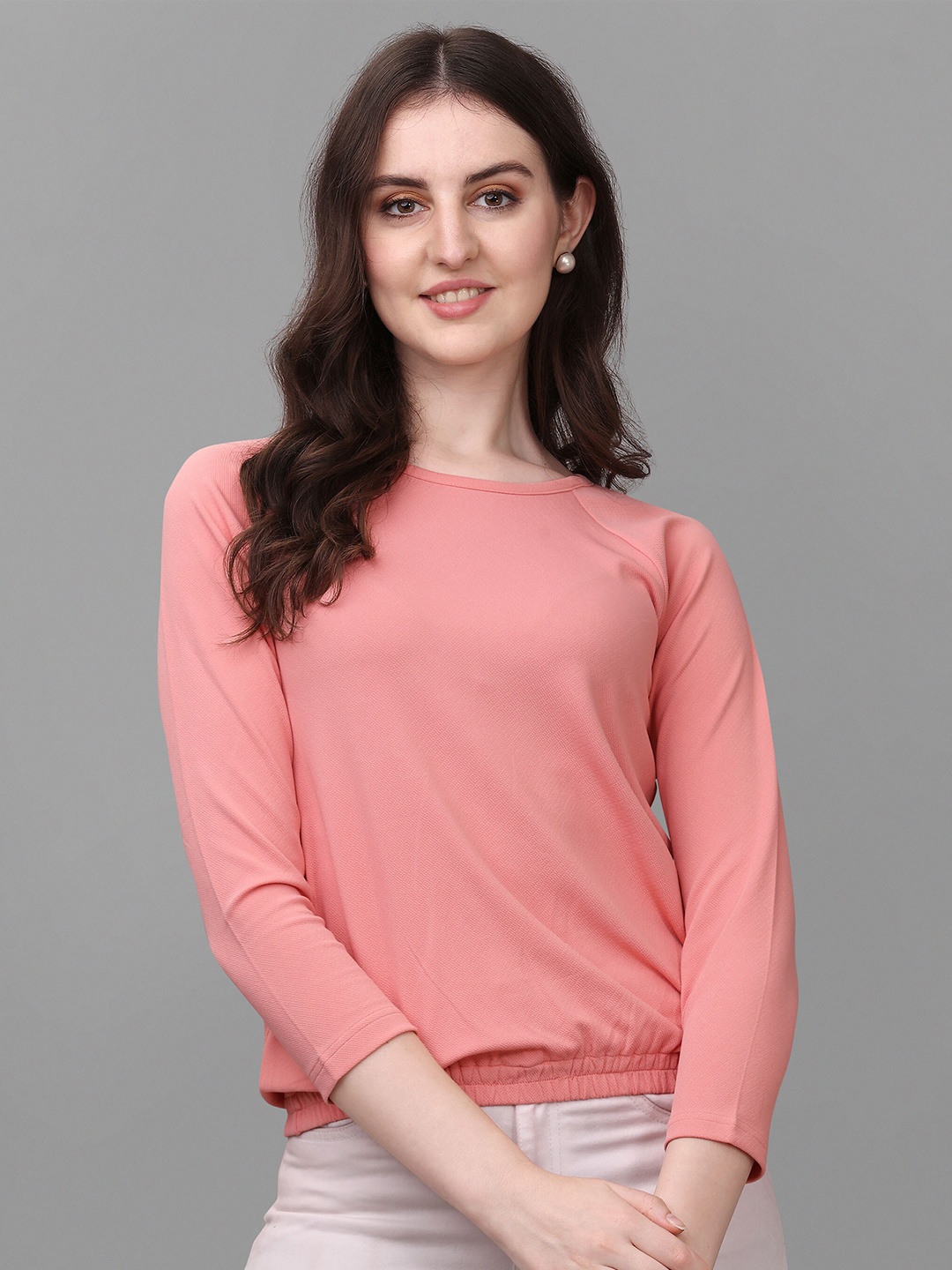 

VeBNoR Women Solid Long Sleeves Top, Peach