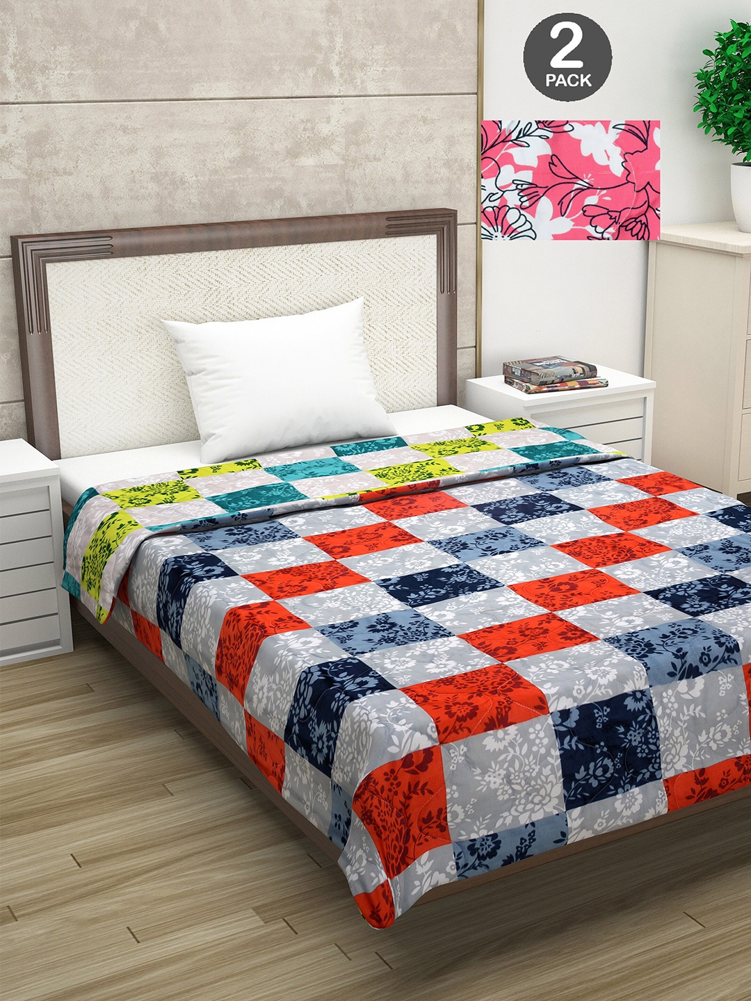 

Divine Casa Set of 2 Floral Printed Mild Winter 120 GSM Single Bed Comforter, Green