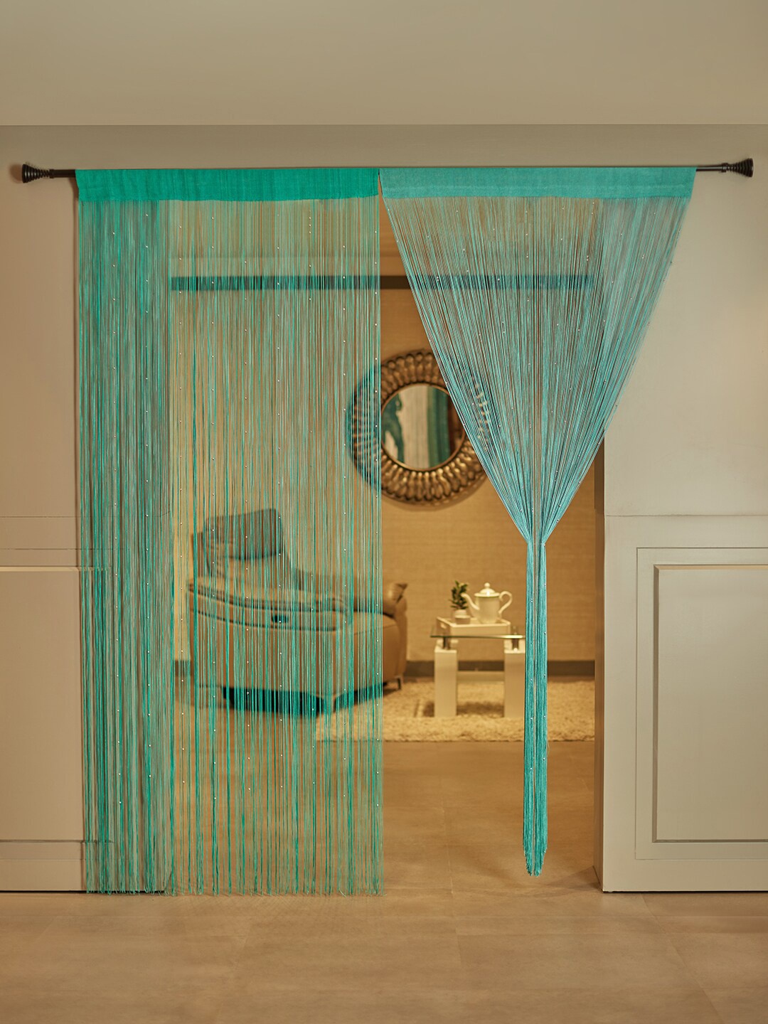 

HomeTown Embellished Decorative String Sheer Door Curtain, Turquoise blue