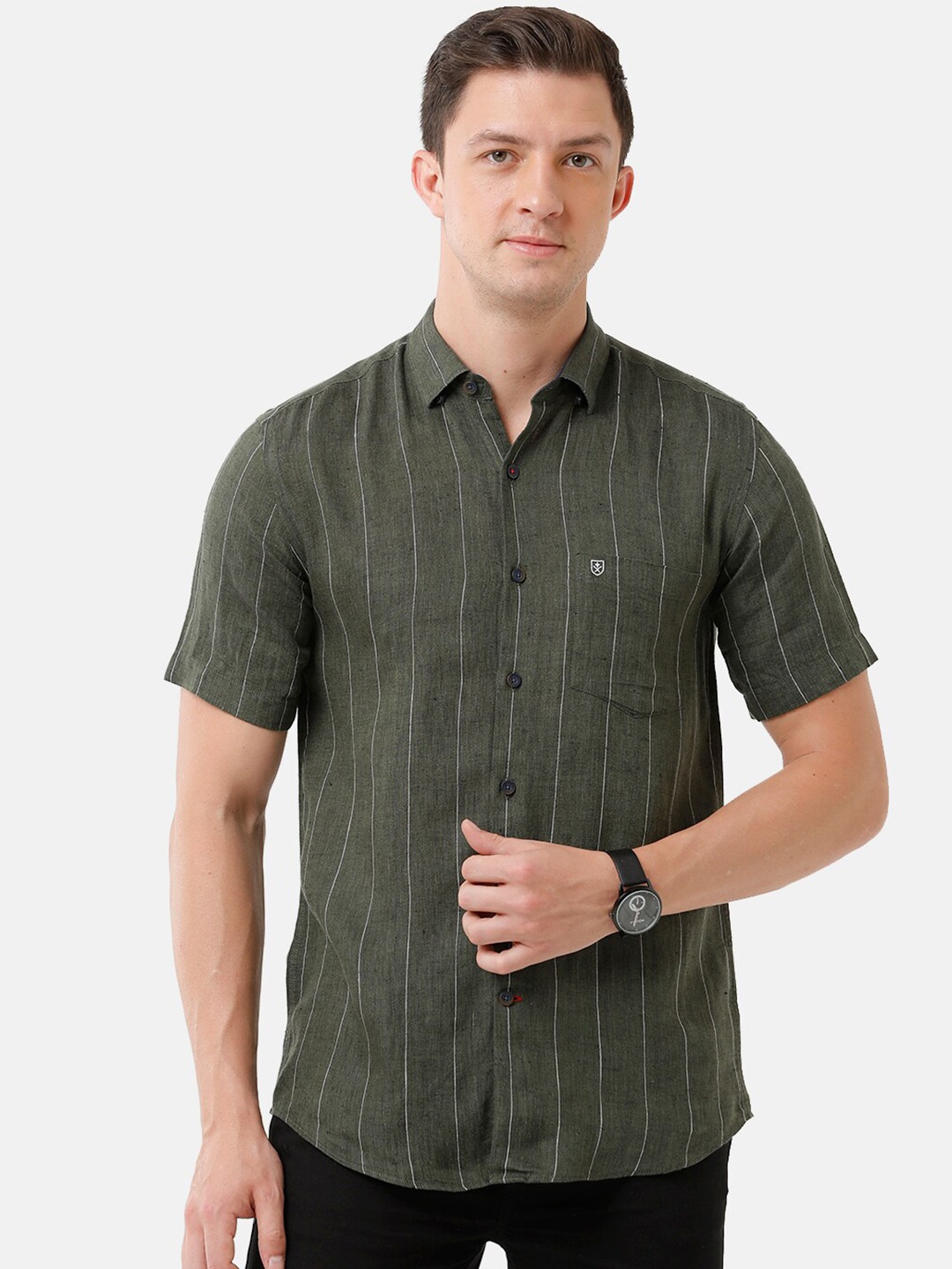 

Linen Club Men Striped Casual Regular Fit Linen Shirts, Green