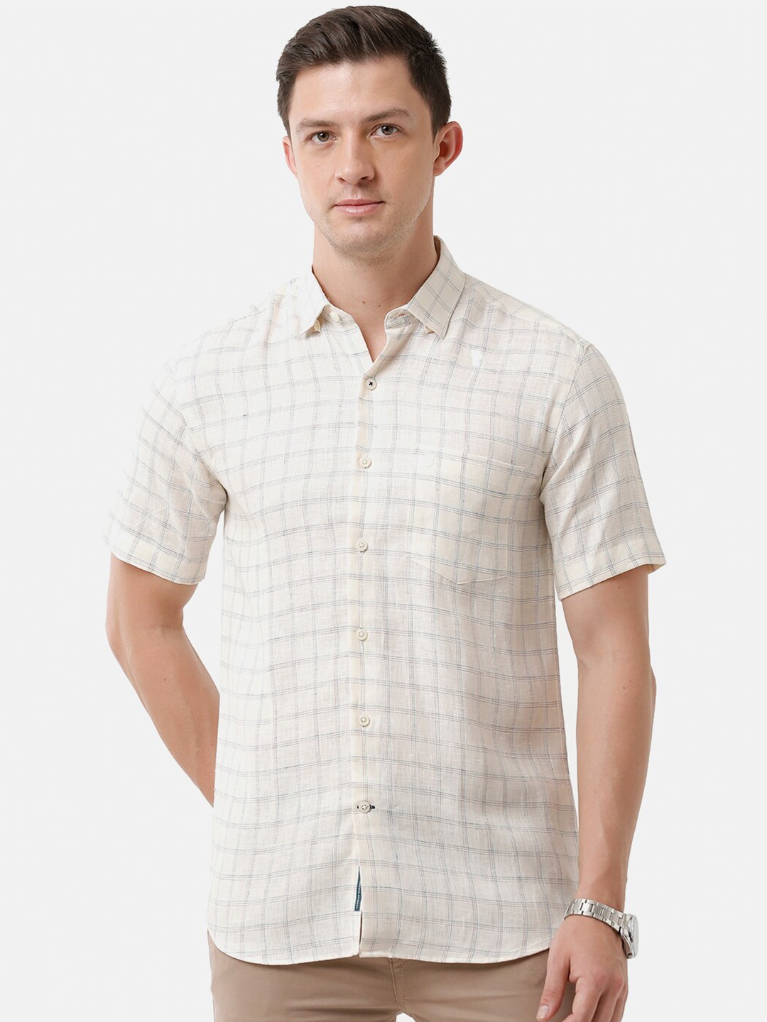 

Linen Club Men Regular Fit Checked Linen Sustainable Casual Shirt, Yellow