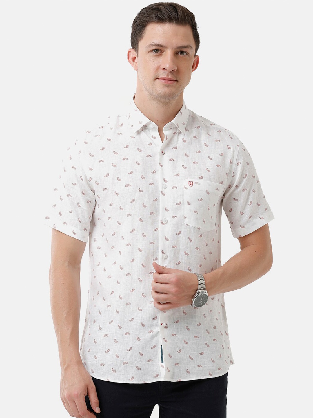 

Linen Club Men Printed Sustainable Casual Shirt, White