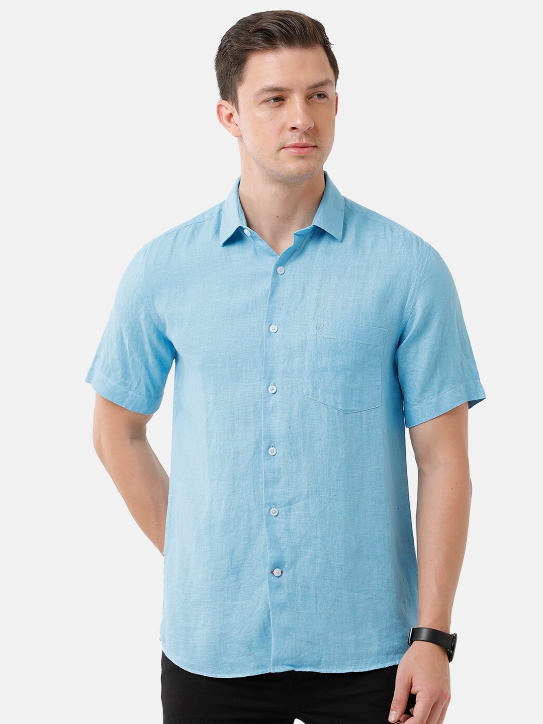 

Linen Club Men Blue Sustainable Casual Linen Shirt, Turquoise blue