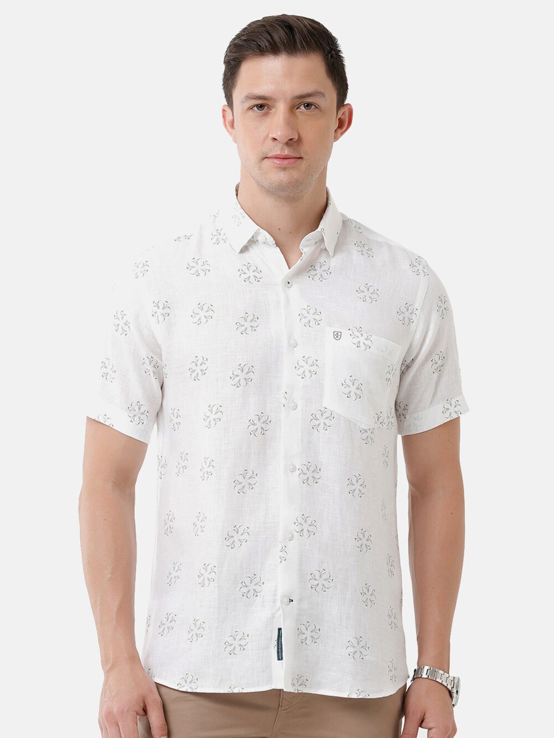 

Linen Club Men Printed Linen Sustainable Casual Shirt, White