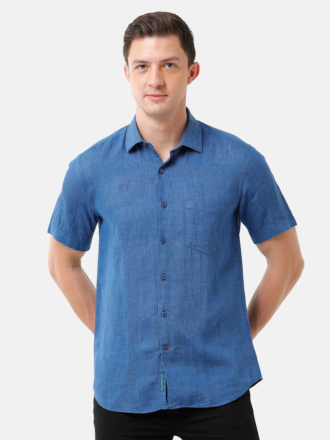 

Linen Club Men Solid Sustainable Casual Regular Fit Linen Shirts, Blue