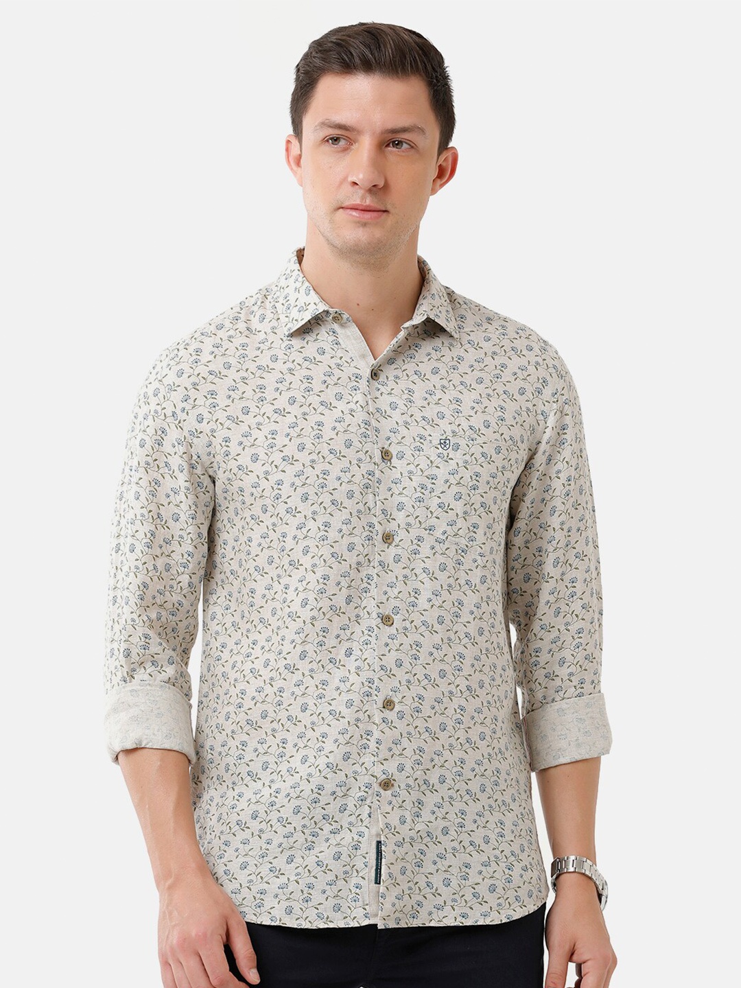

Linen Club Men Floral Printed Sustainable Casual Shirt, Beige