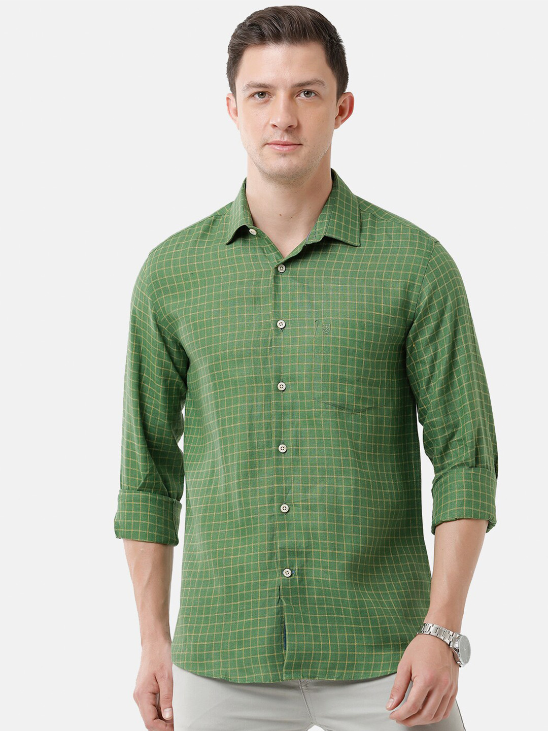 

Linen Club Men Grid Tattersall Checks Checked Linen Sustainable Casual Shirt, Green