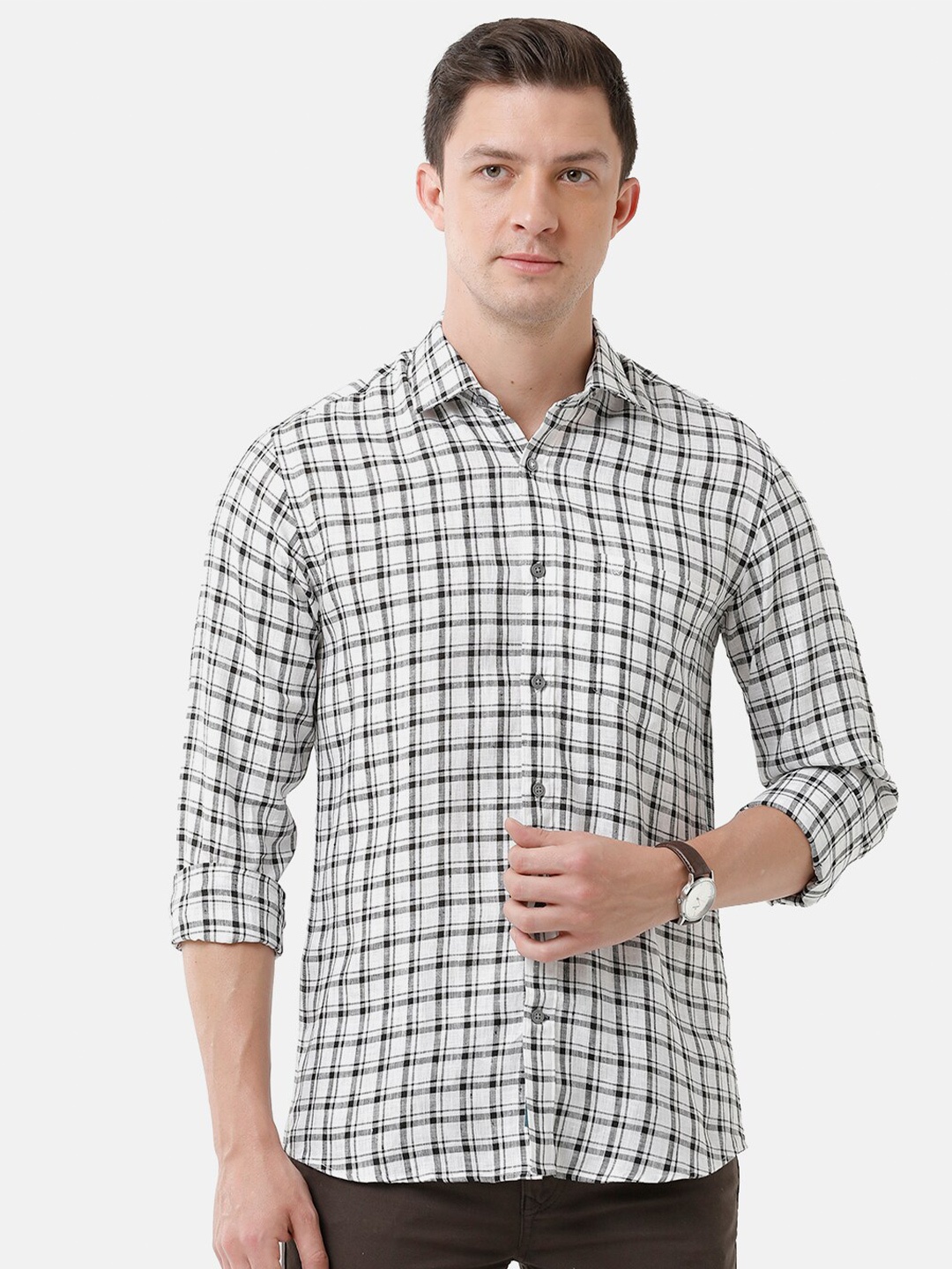

Linen Club Men Checked Sustainable Casual Regular Fit Linen Shirts, Black