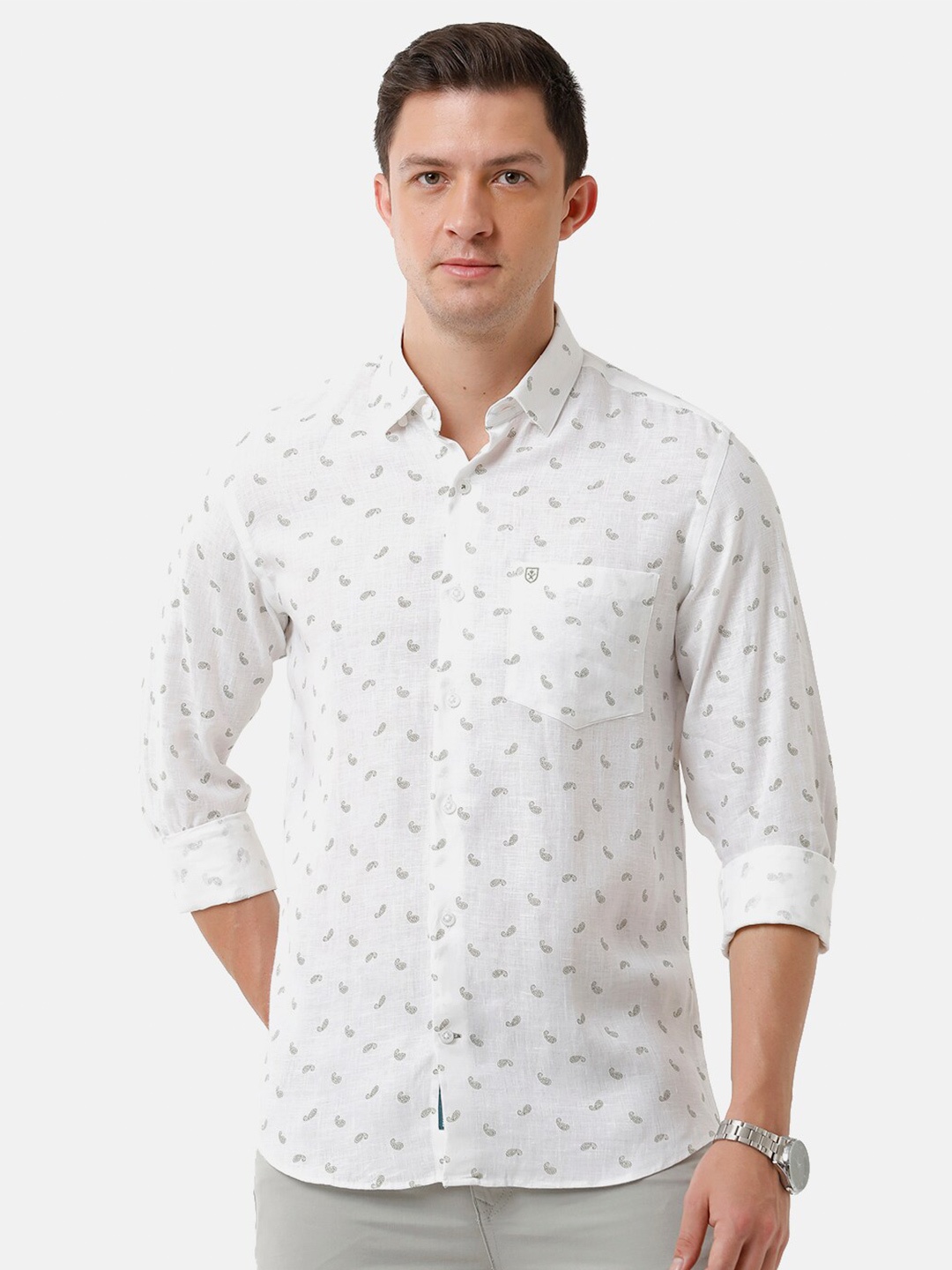 

Linen Club Men Printed Sustainable Casual Linen Shirt, White