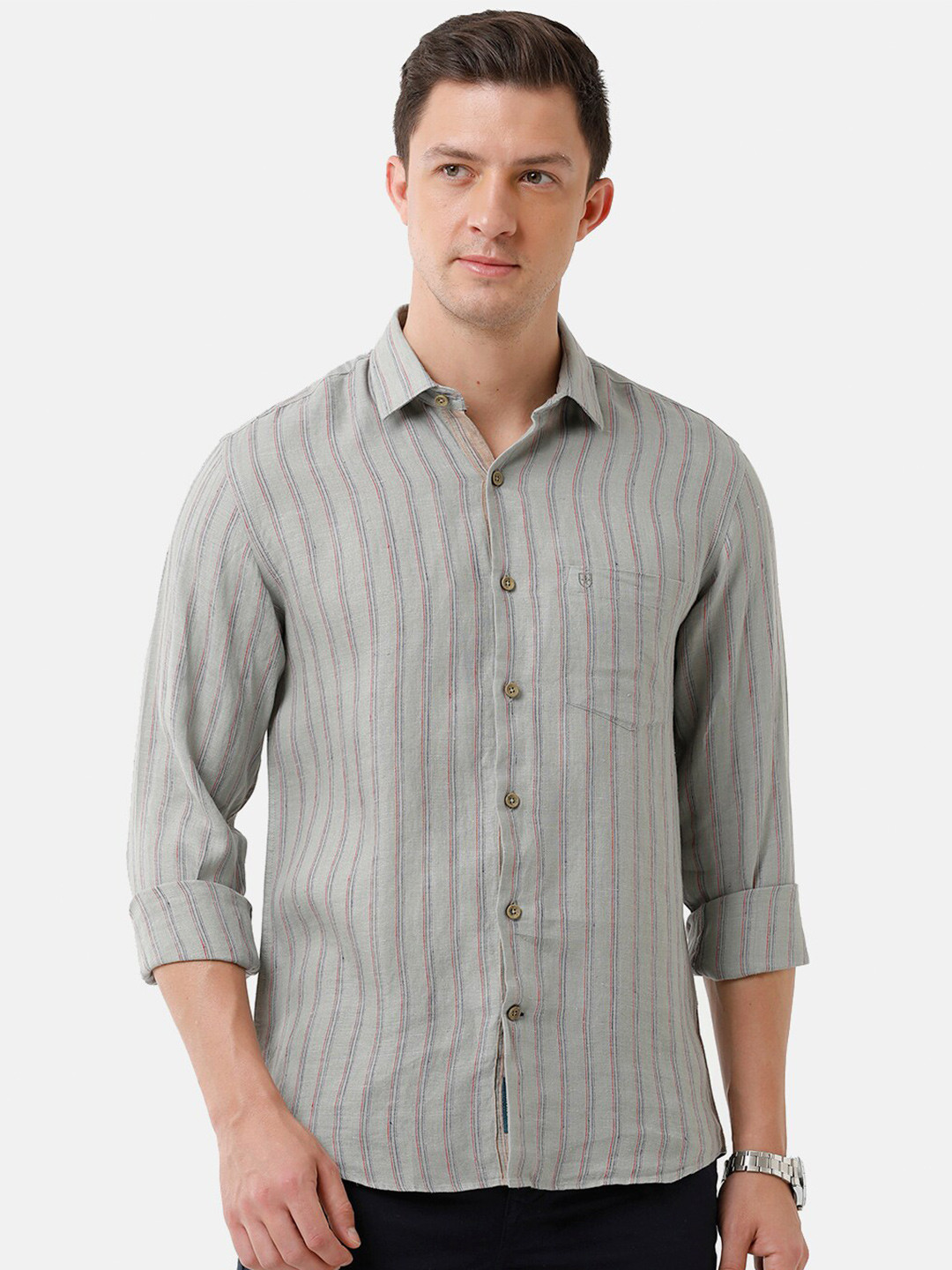 

Linen Club Men Spread Collar Roll Up Sleeves Striped Sustainable Casual Shirt, Grey