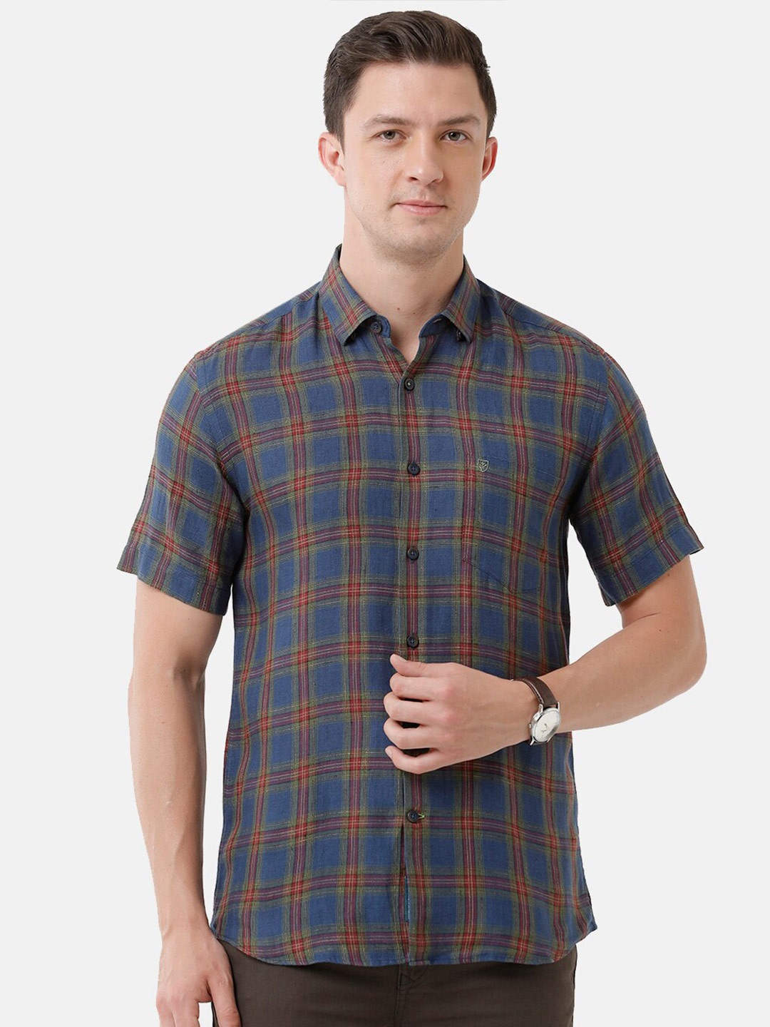 

Linen Club Men Blue Checked Sustainable Casual Linen Shirt