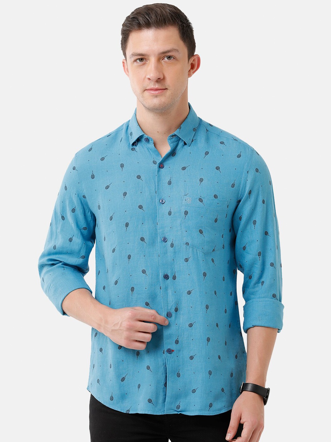 

Linen Club Men Printed Sustainable Casual Shirt, Blue