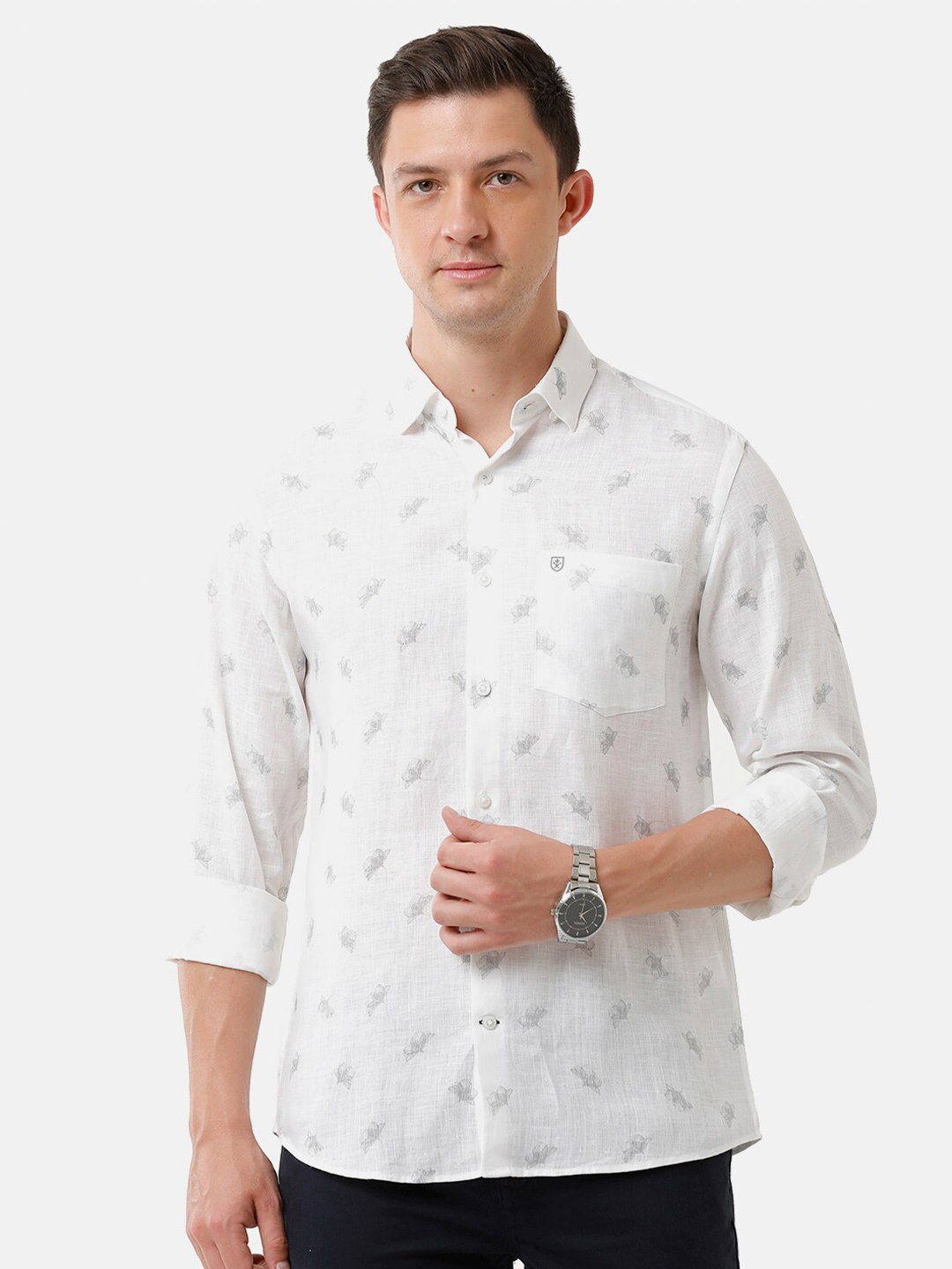 

Linen Club Men Printed Linen Sustainable Casual Shirt, White