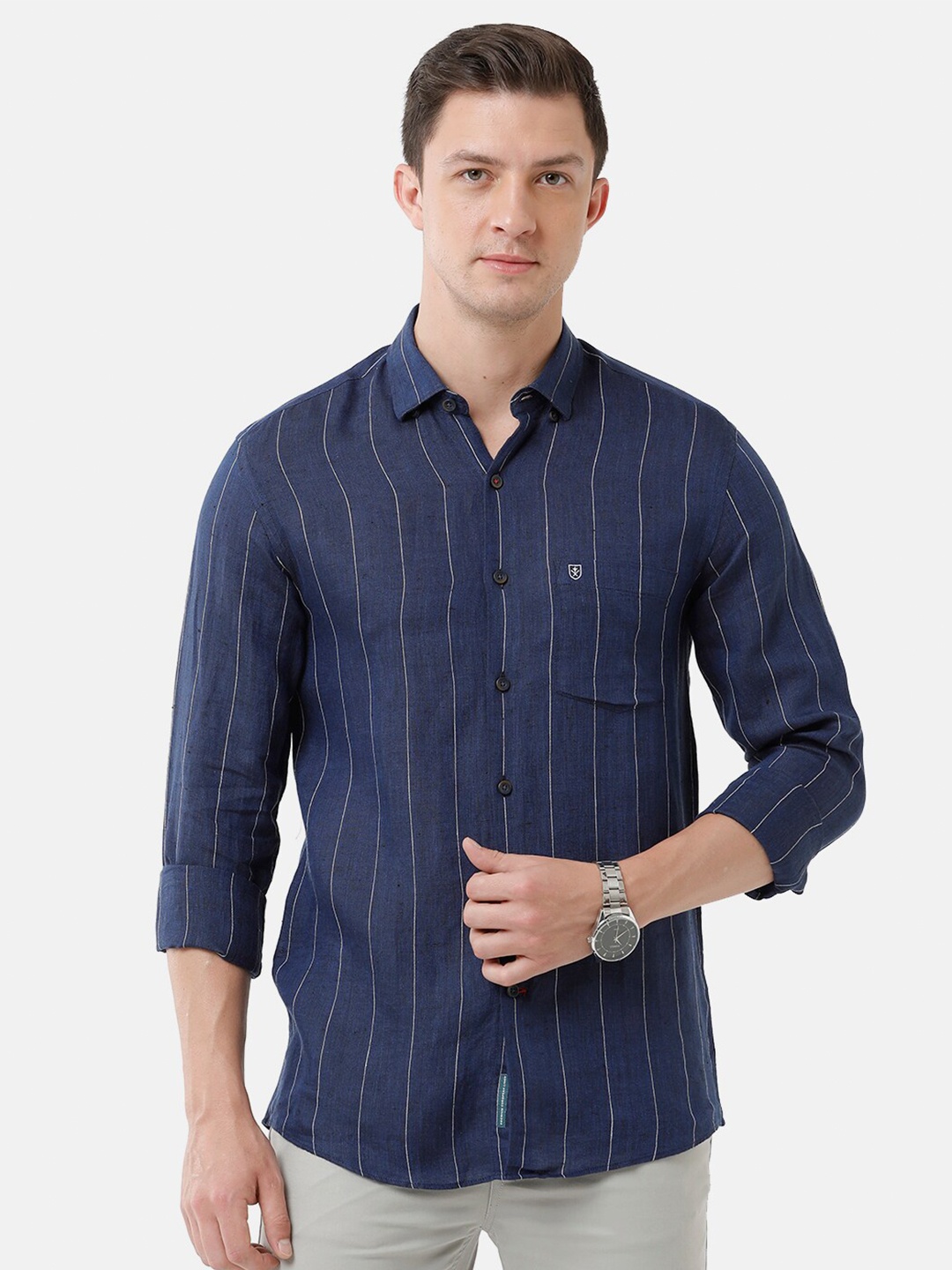 

Linen Club Men Striped Linen Casual Shirt, Blue