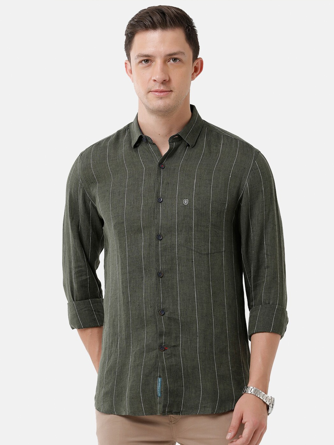 

Linen Club Men Striped Sustainable Casual Linen Shirt, Olive