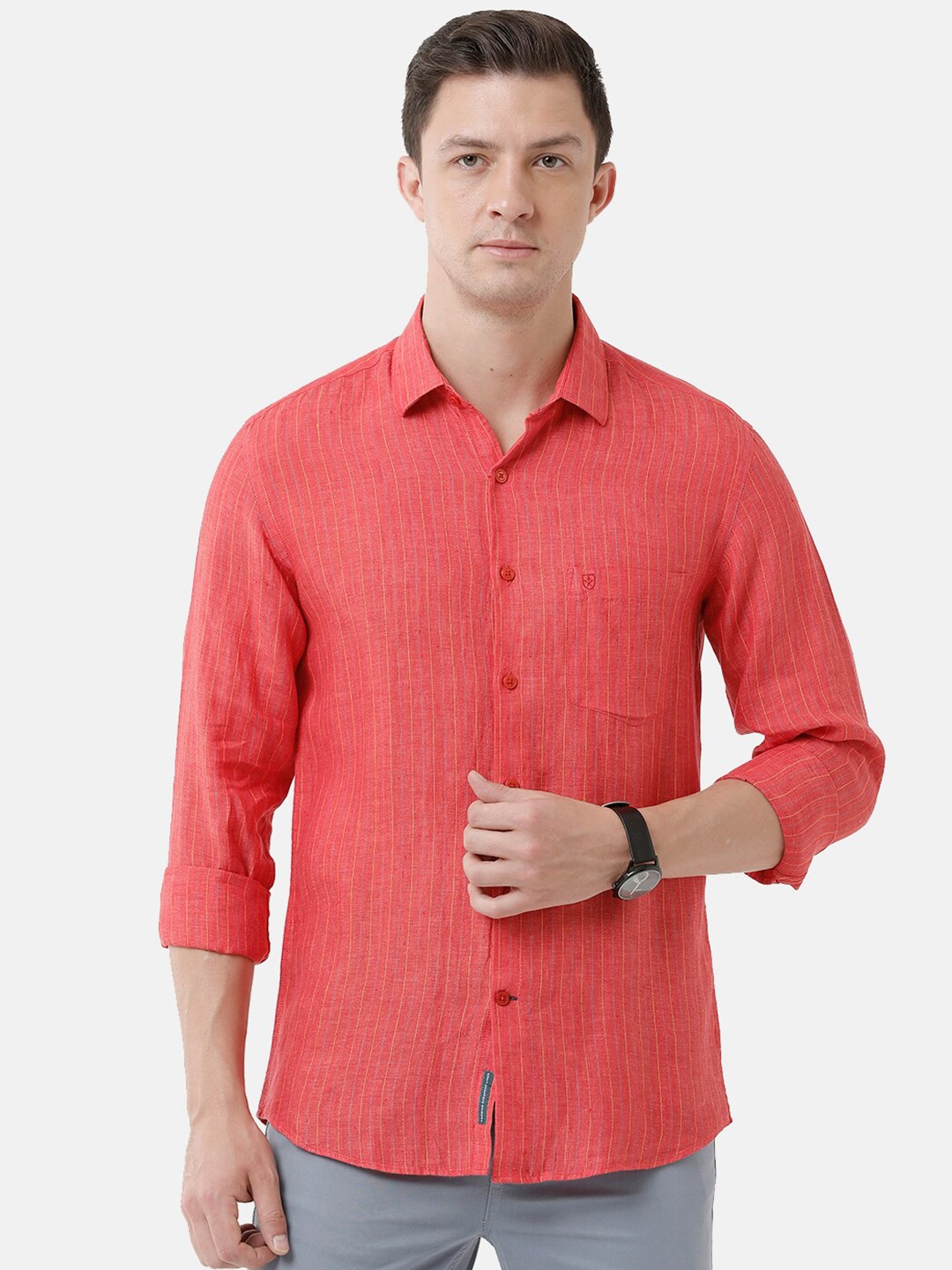 

Linen Club Men Striped Sustainable Casual Shirt, Red