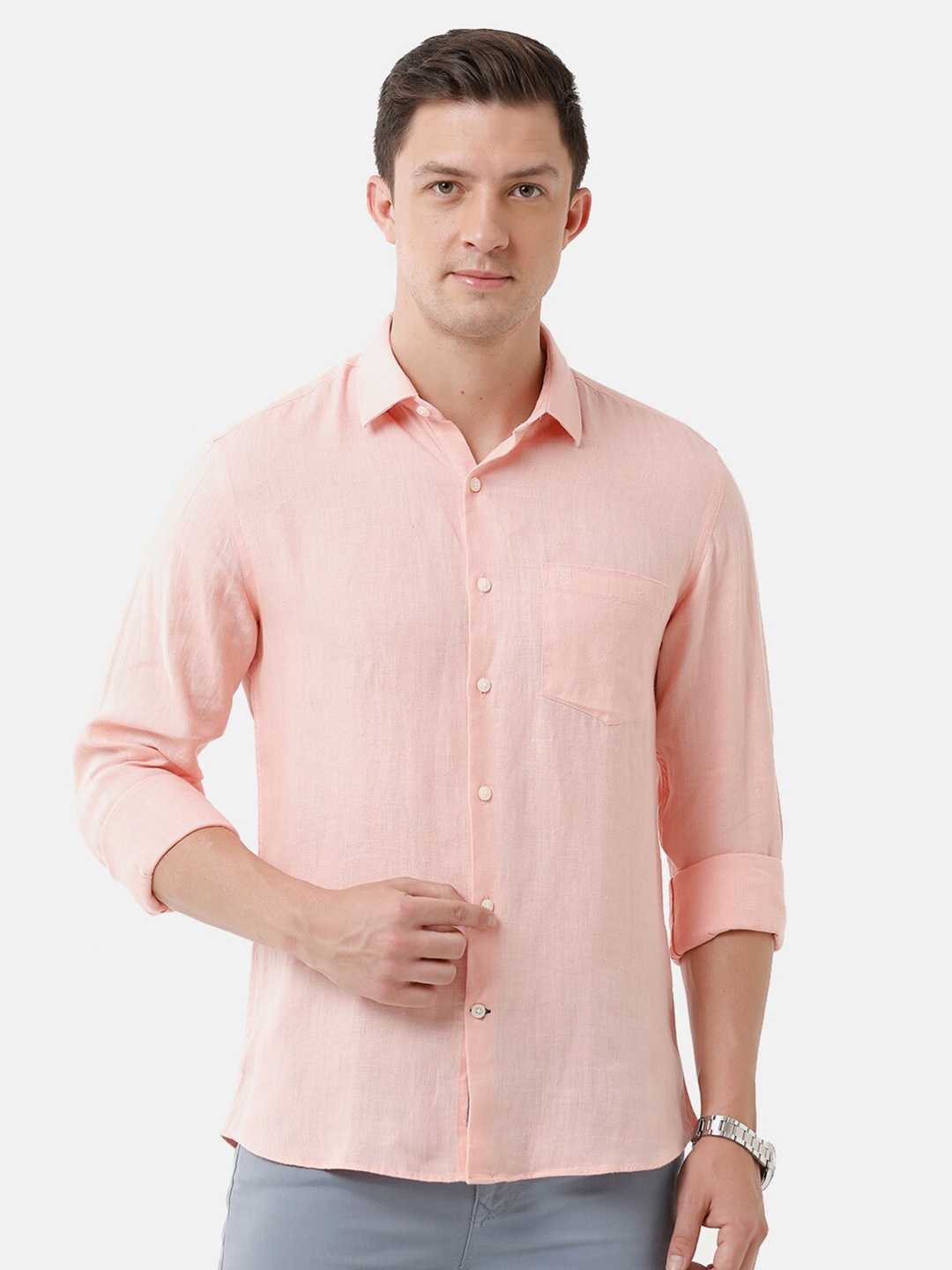 

Linen Club Men Regular Fit Solid Linen Sustainable Casual Shirt, Peach