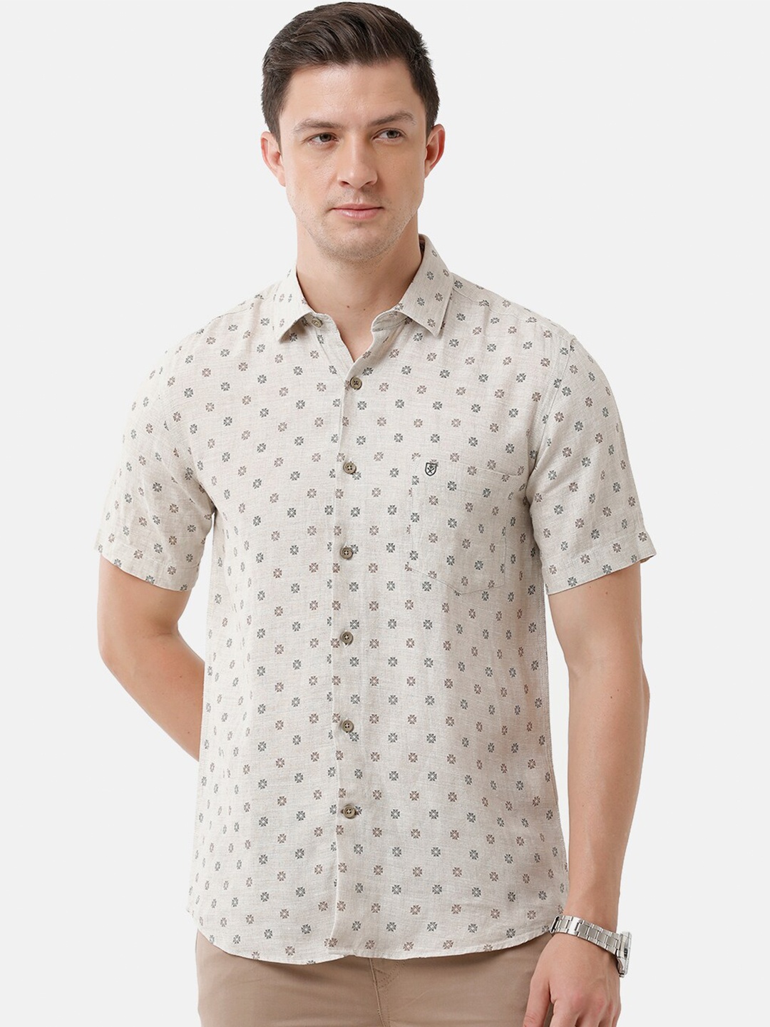

Linen Club Men Printed Sustainable Casual Regular Fit Linen Shirts, Beige