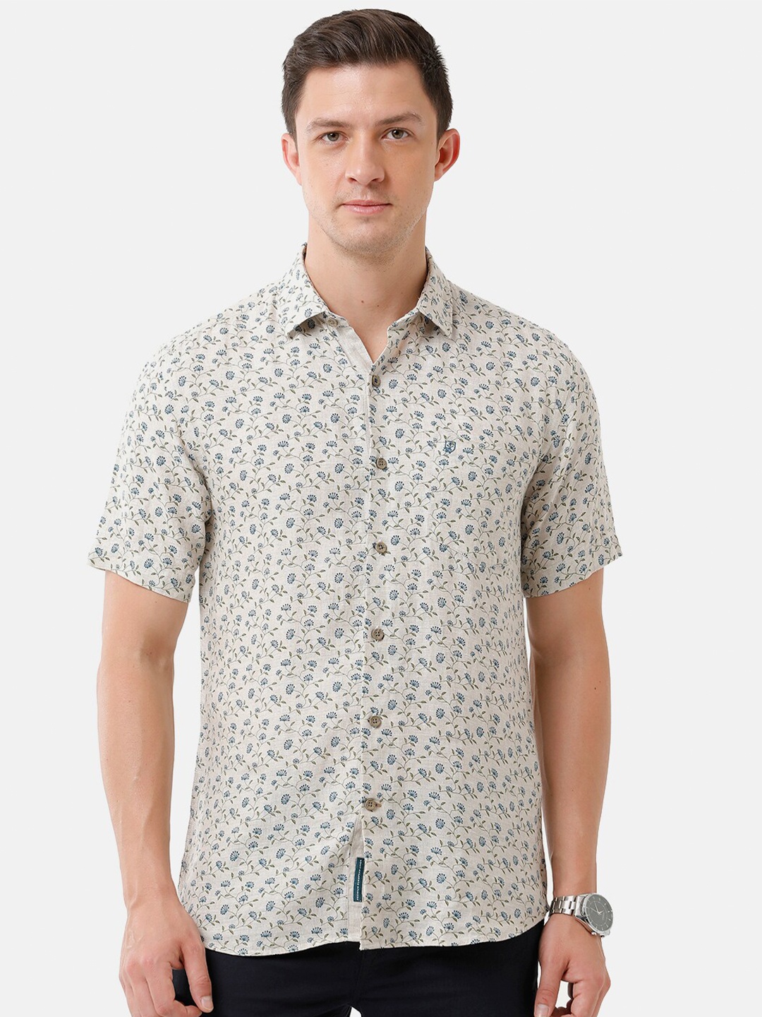 

Linen Club Men Beige Floral Printed Sustainable Linen Shirt