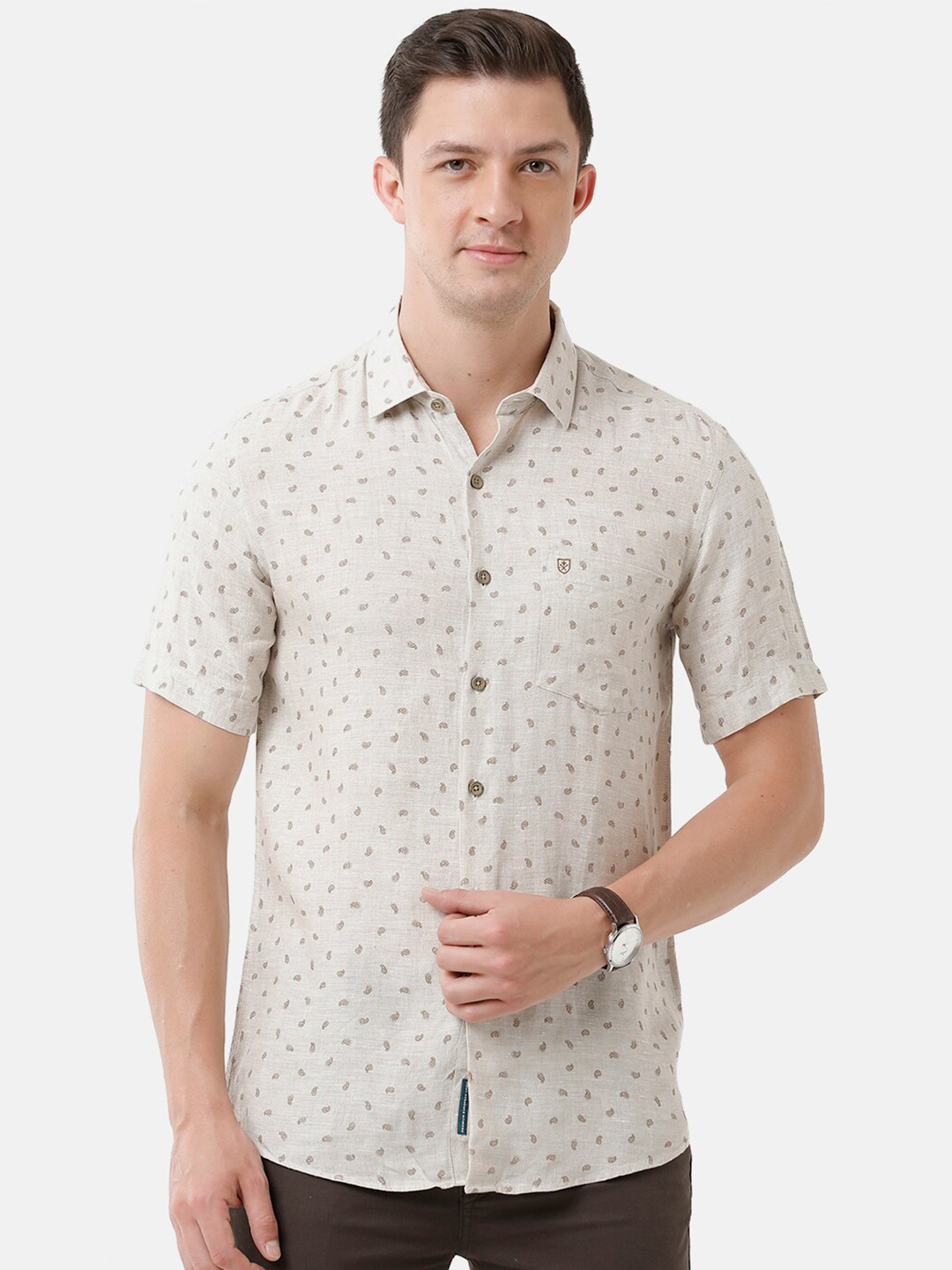 

Linen Club Men Spread Collar Printed Linen Sustainable Casual Shirt, Beige