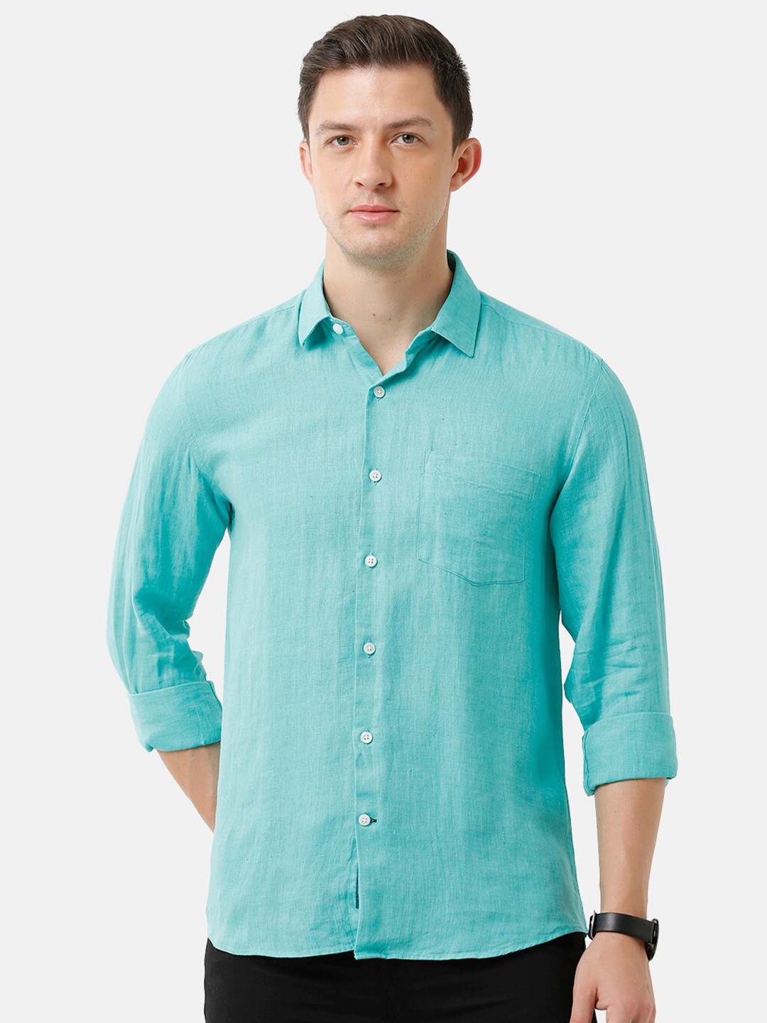 

Linen Club Men Regular Fit Solid Linen Sustainable Casual Shirt, Turquoise blue