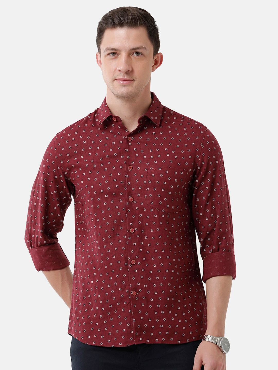 

Linen Club Men Floral Printed Sustainable Casual Shirt, Maroon