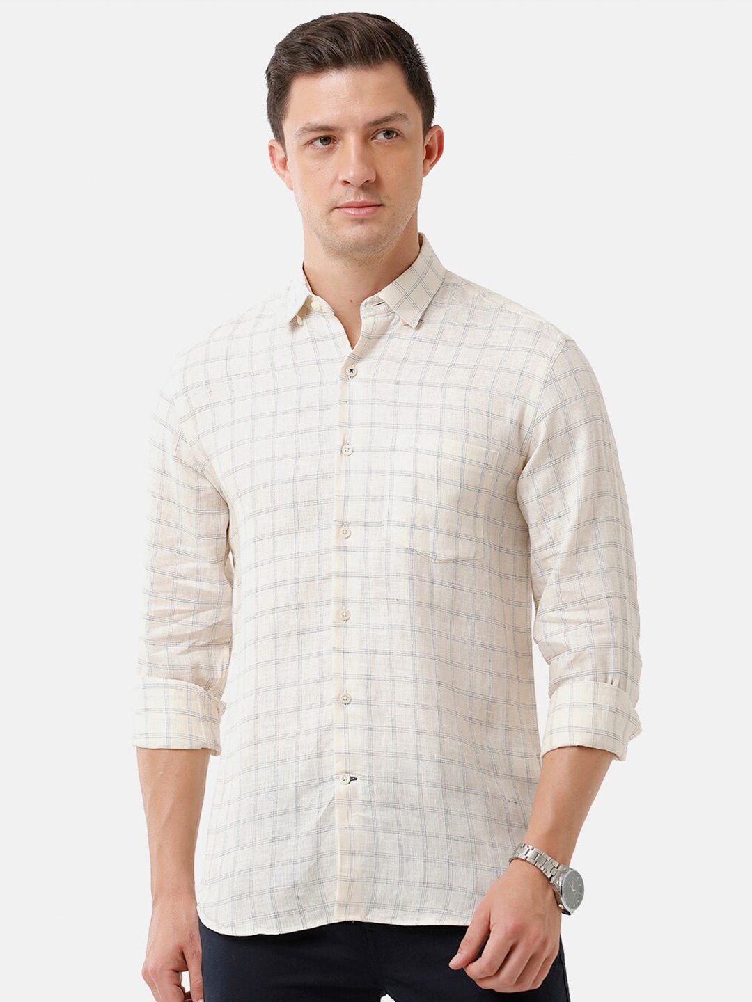 

Linen Club Men Yellow Checked Regular Fit Linen Sustainable Casual Shirt