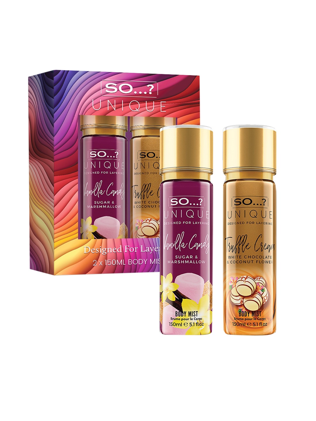 

SO Unique Set Of 2 Candy Kiss Mini Body Mists - Vanilla Candy + Truffle Cream - 150ml each, Transparent