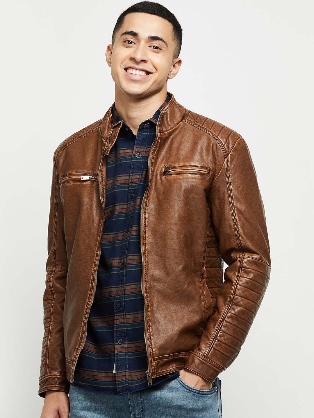

max Men Solid Biker Jacket, Tan