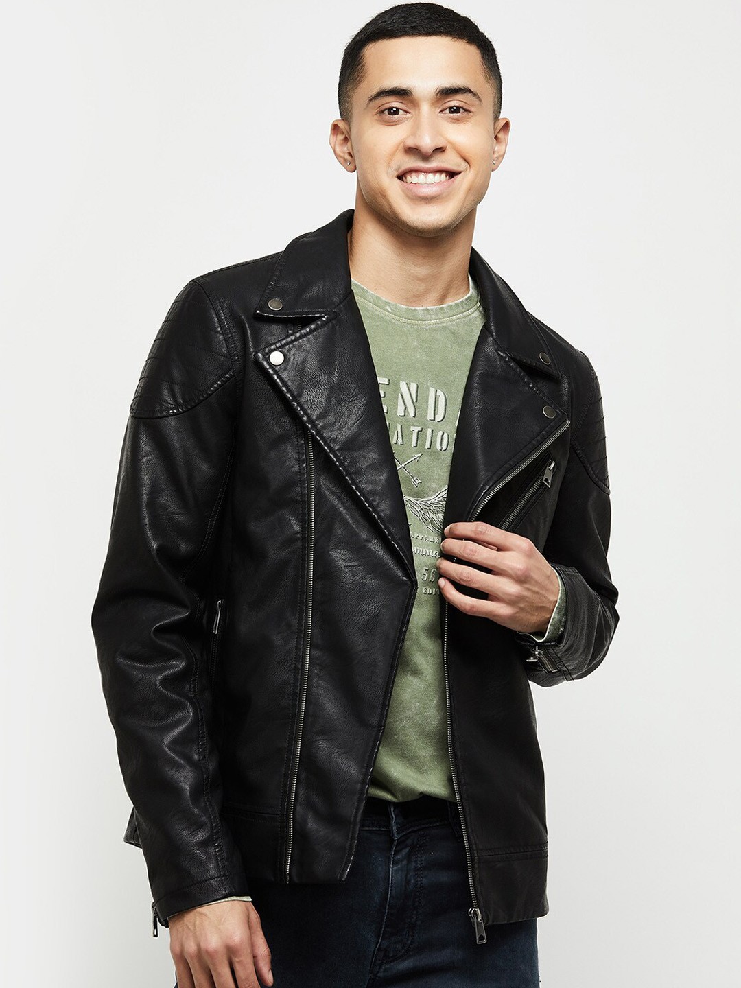 

max Men Black Geometric Striped Windcheater Biker Jacket