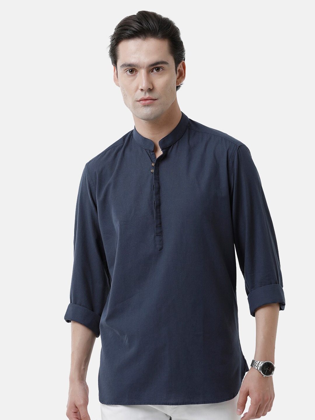 

CAVALLO by Linen Club Men Mandarin Collar Linen Cotton Casual Shirt, Blue