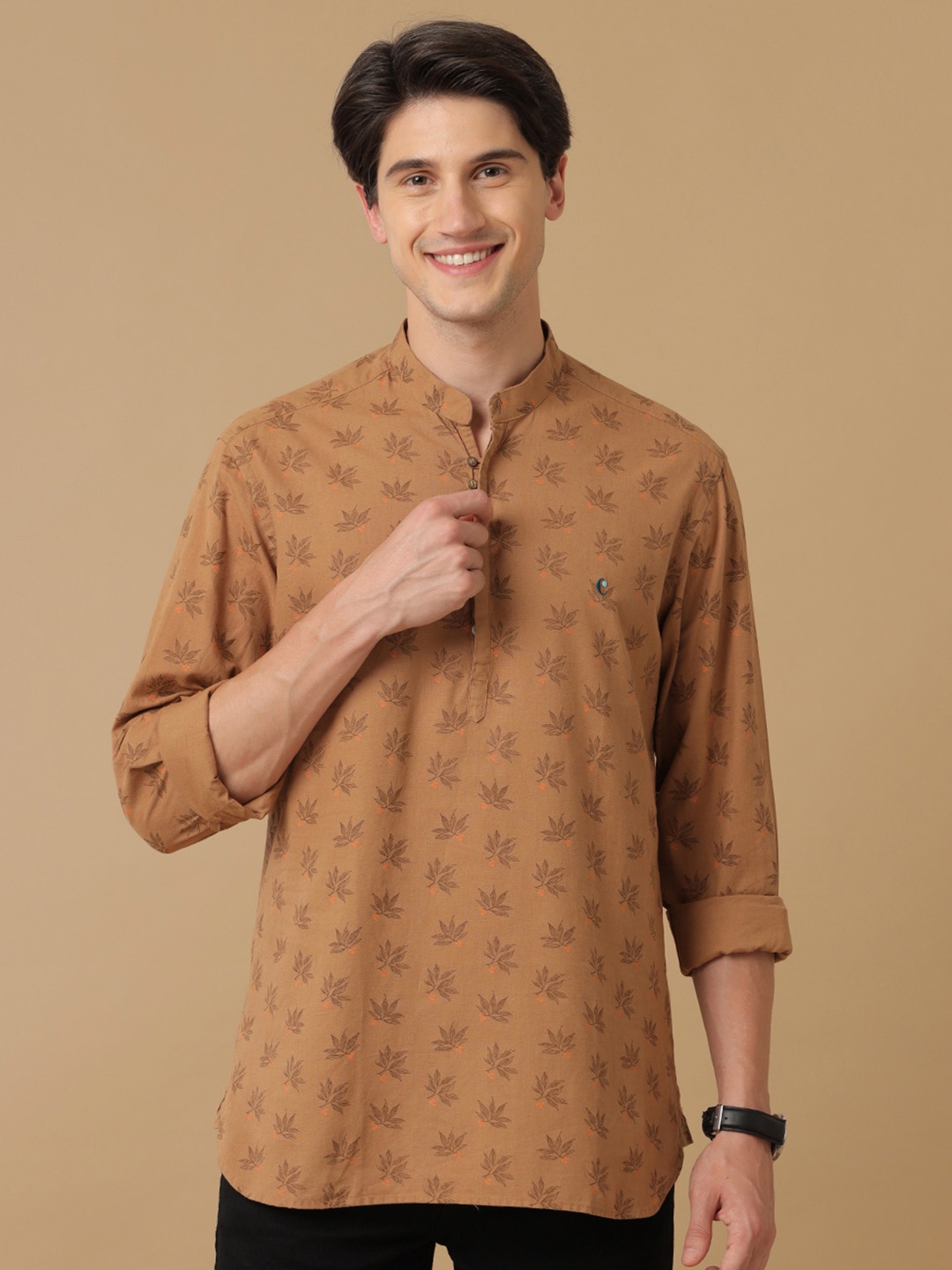 

CAVALLO by Linen Club Men Brown Linen Cotton Floral Printed Casual Shirt