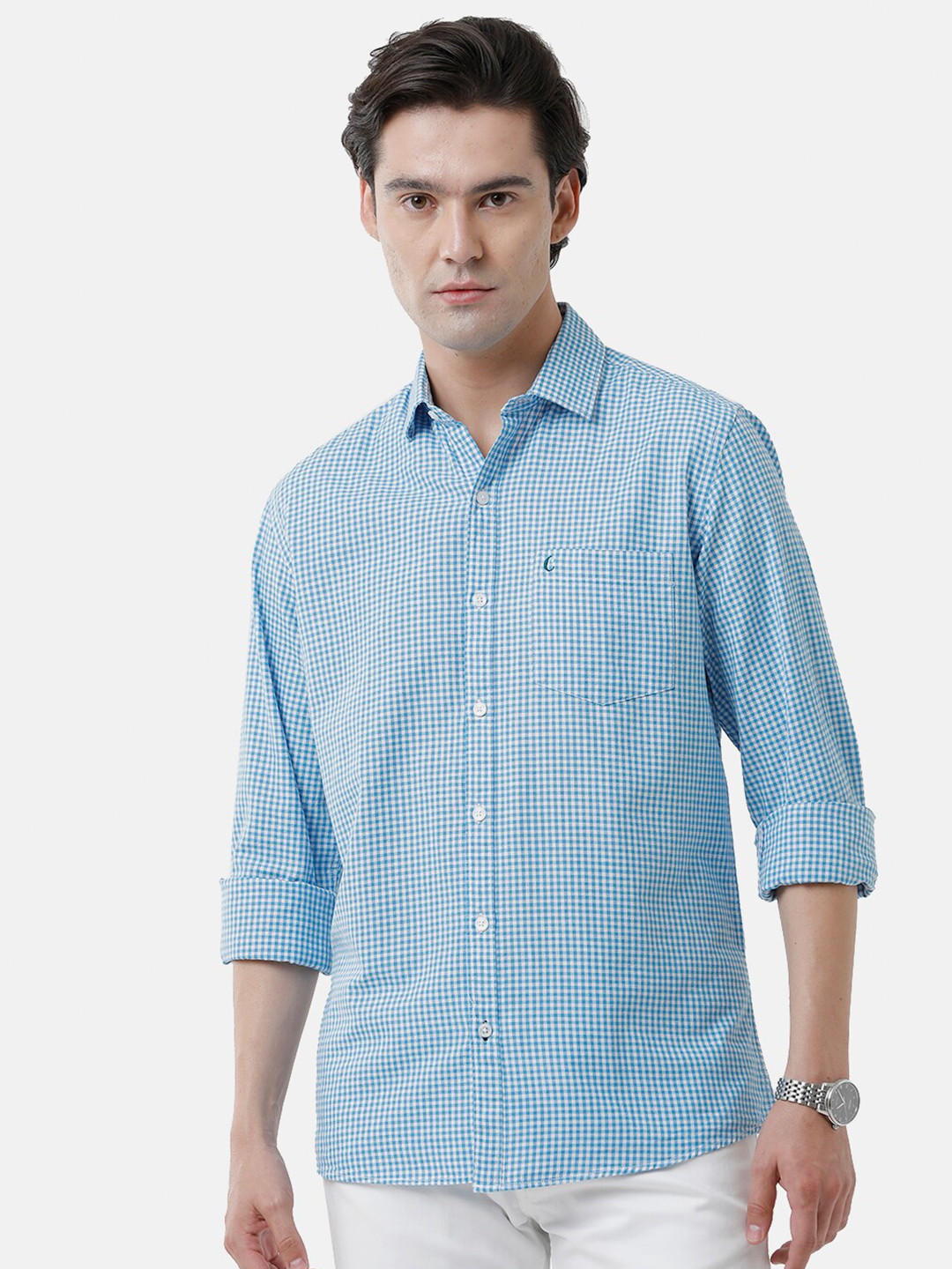 

CAVALLO by Linen Club Men Roll Up Sleeves Micro Checks Linen Cotton Casual Shirt, Blue